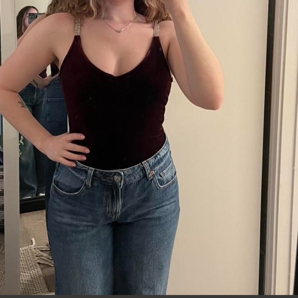 Rhinestone Strap V-Neck Velvet Body suit - Dark Burgundy